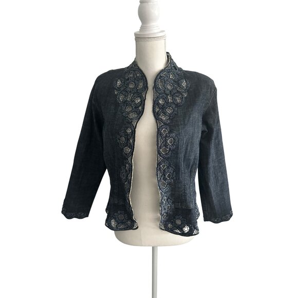 CHICOS Platinum Beaded Embellished Denim Jacket Size Chicos 1 / US Medium 8 - Picture 7 of 8